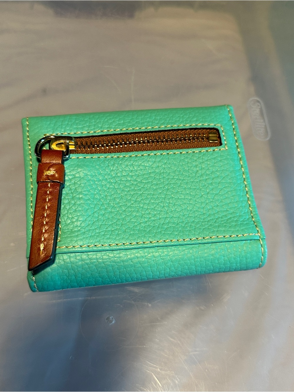 Dooney & Bourke Aqua Green Pebbled Leather Wallet with Brown Trim - Picture 3 of 3